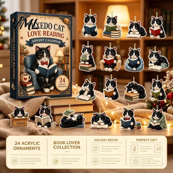 Cute Cat Rabbit Ornaments 24 Days Christmas Advent Calendar 2026, 2D Acrylic Reading Cats/Dogs/Forest Animals Surprise Unboxing Gift Ornament
