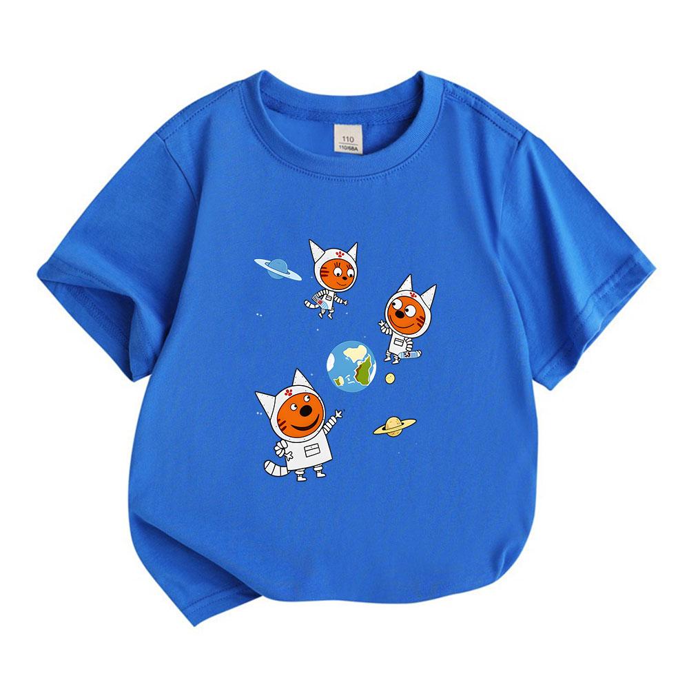 Kids Boys Girls 100% Cotton Crew Neck Short Sleeve T-Shirt, Cute Space Astronaut Cat Print Casual Breathable Tee for Children Daily Wear Outdoor Activ