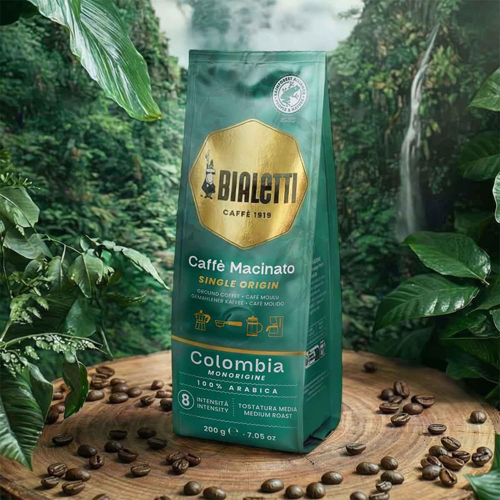 Bialetti Cafe Matinato Single Origin Colombia Coffee Grounds Grind Suitable for French and Drip (Fine / 200g) - Espresso, Press, Coffee.
