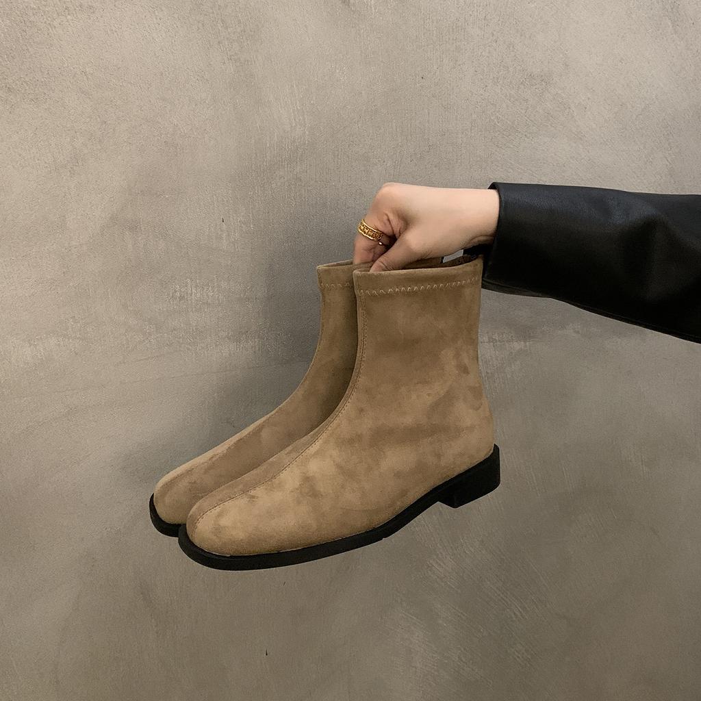 Flat-Bottomed Retro Suede Martin Boots Women'S Shoes Spring And Autumn Single Boots Rear Zipper Thin French Short Boots
