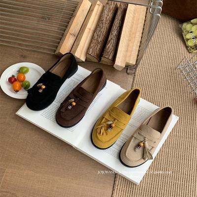 Женские туфли Boken 2025 осень новые замшевые лоферы на мягкой подошве с одним педалем, модные универсальные одинарные туфли с бисерной кисточкой