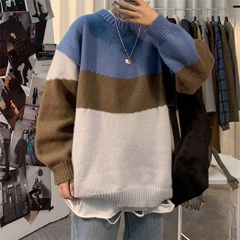 Men's Retro Colorblock Knit Sweater: Loose Fit, Round Neck, Autumn/Winter Style