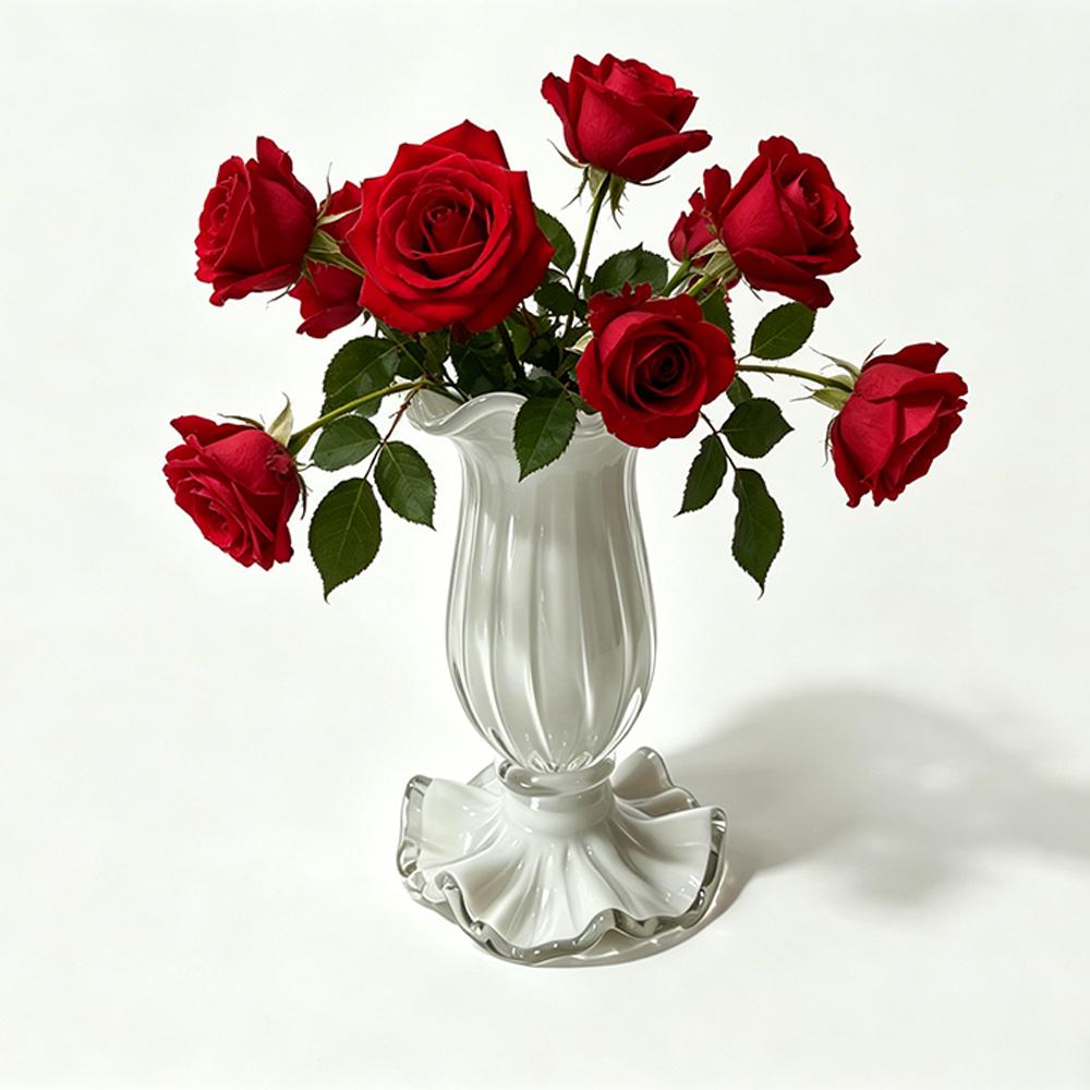 Frosted Pink Pedestal Glass Vase Handmade Ruffle Base Floral Holder for Wedding Table & Home Styling