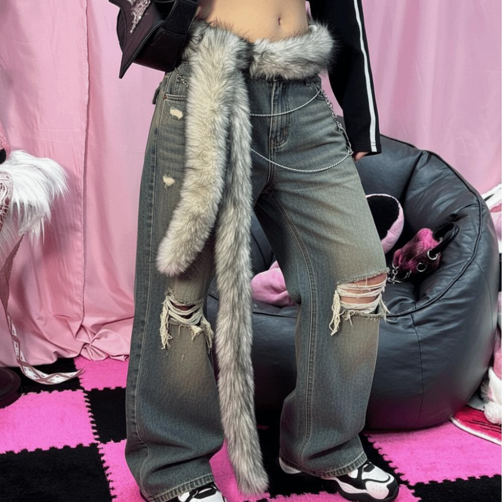 Fluffy Punk Fur Belt Super Soft Hiphop Jeans Belt Harajuku Soft Plush Belt Jeans Pants Decor
