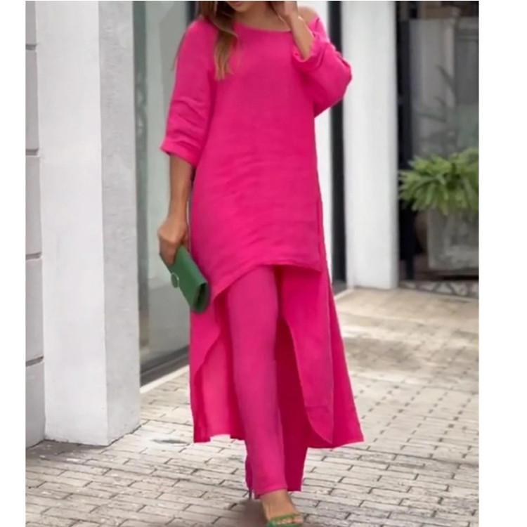 Summer Women Fashion Casual Cotton Linen Suit Irregular Long Sleeve Wide Leg Pants Two-piece Suit Plus Size
