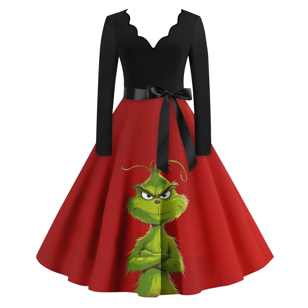 Women's Casual Fashion Print Long Sleeve Dress Cutout Party Casual V Neck Dress