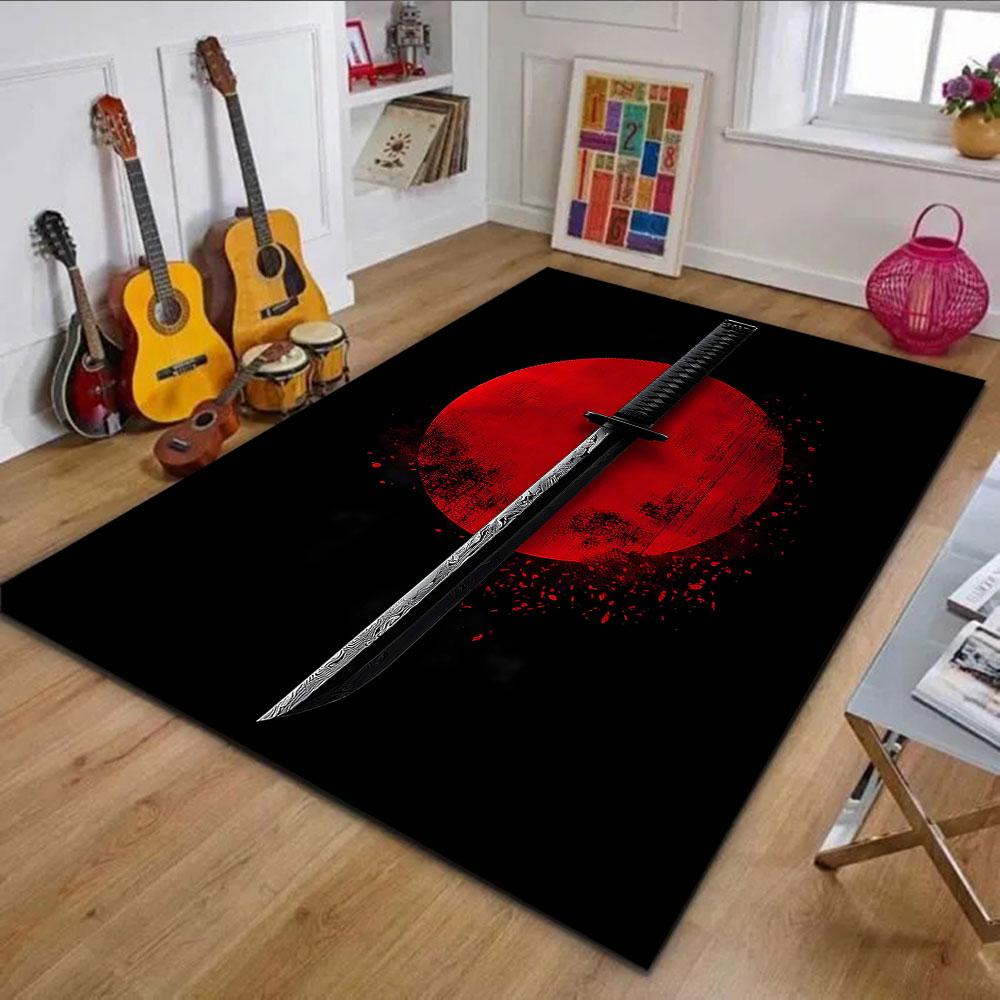 Katana Against Rising Sun Patterned carpet, non slip mat suitable for living room and bedroom sofas