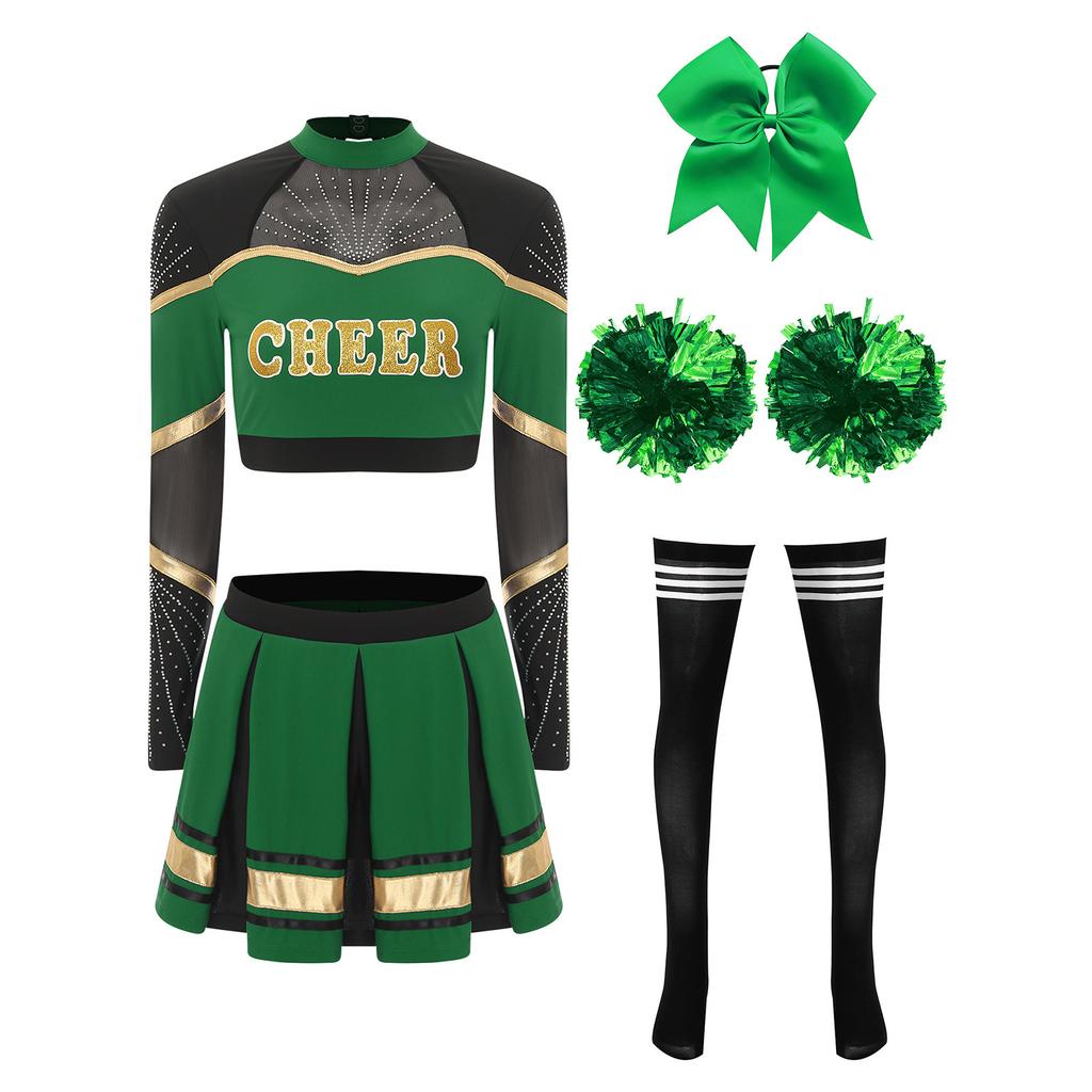Women Cheerleading Performance Dance Outfit Long Sleeve Mock Neck Rhinestones Crop Top Pleated Skirt Hair Tie Set