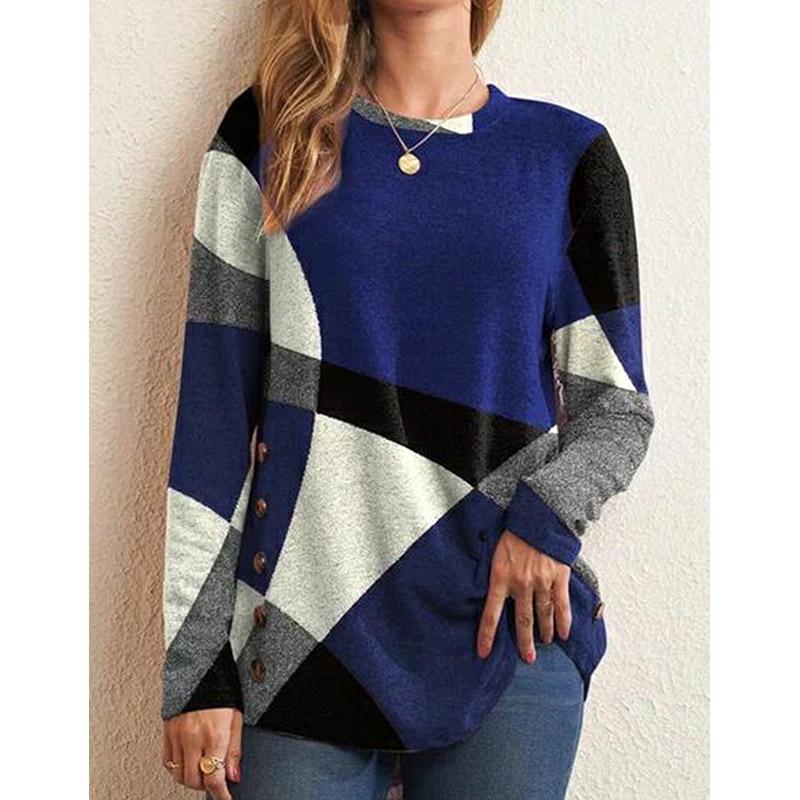 Spring Fashion Contrast Color Printing T-shirt Tops O-neck Long Sleeve Loose Casual Pullover Tee Oversized Women Clothing