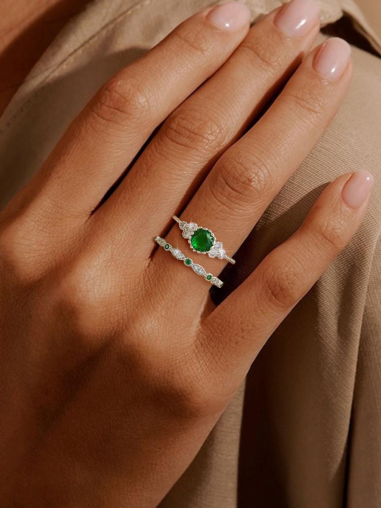 925 Sterling Silver Ring Set with Emerald Zircon Crystals for Women Engagement Wedding Glamour Luxury Quality Fine Jewelry Gifts