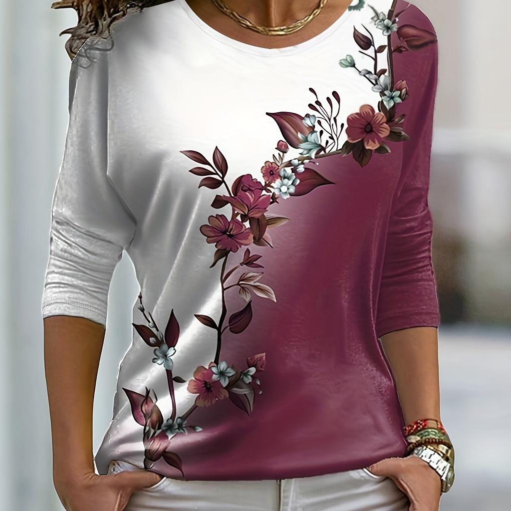 Футболка с длинным рукавом и цветочным принтом Colorblock с круглым вырезом, повседневная одежда для весны и осени, женская одежда