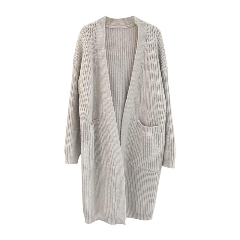 Темпераментный универсальный длинный рукав в ленивом стиле, удобный грубый свитер, свитер выше колена, осенний кардиган средней длины с большим карманом, женская одежда