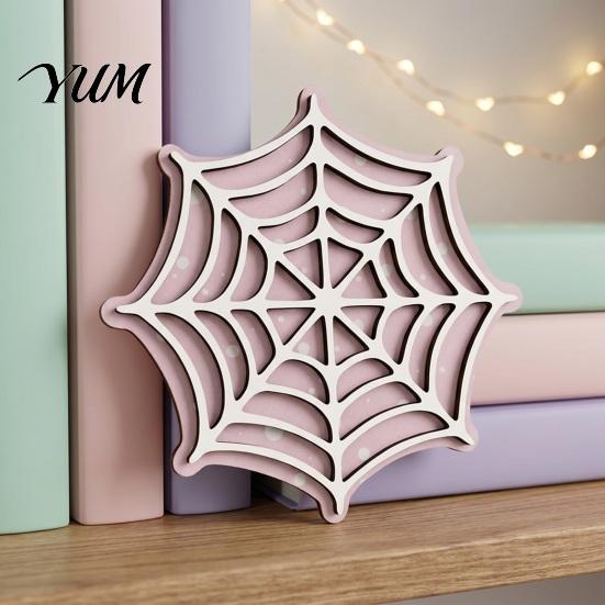 Heat Resistant Drink Coasters Halloween Spider Web Wooden Coaster, Anti-Slip Wood Cup Mat with Figurine, Thermal Insulated Table Protection
