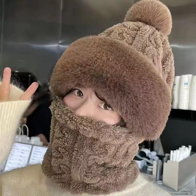 Knitted Hat Scarf Mask Integrated Hat Women's Winter Cycling Windproof Plush Warm Wool Hat