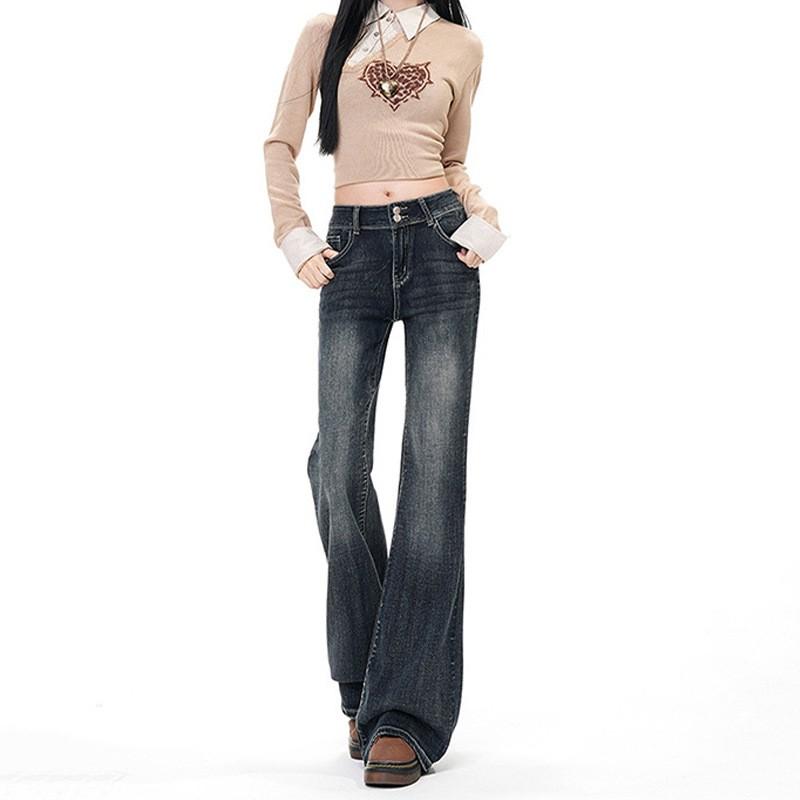 High-Waisted Stretch Flared Jeans Women Blue-Grey Slim Fit Cropped Wide Leg Denim Trousers
