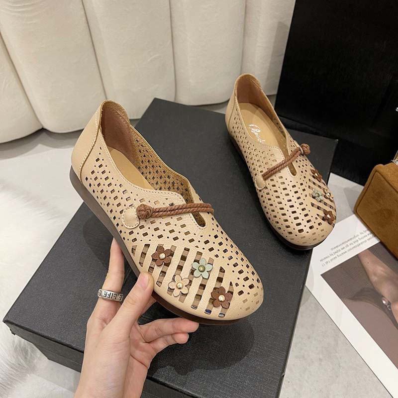 Нескользящие вентилируемые женские сандалии на плоской подошве в стиле ретро, в национальном стиле, обувь с круглым носком, обувь из мягкой кожи, летняя обувь