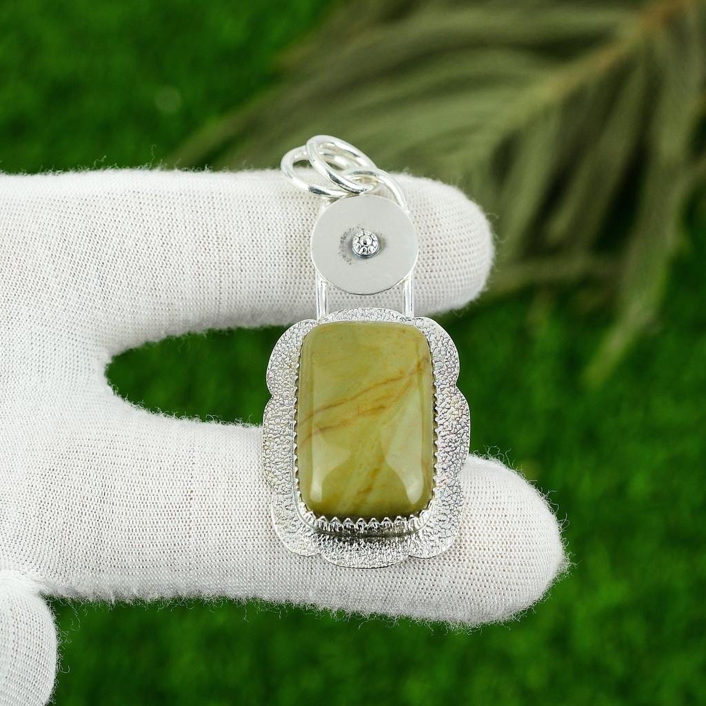 Sterling Silver Rectangle Polychrome Jasper Stone Art Deco Engagement Pendant