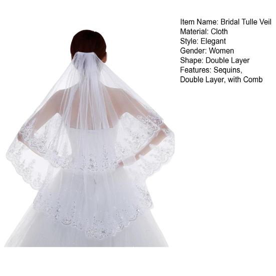 Женская двухслойная кружевная фата с противоскользящим гребнем и пайетками по краю из тюля