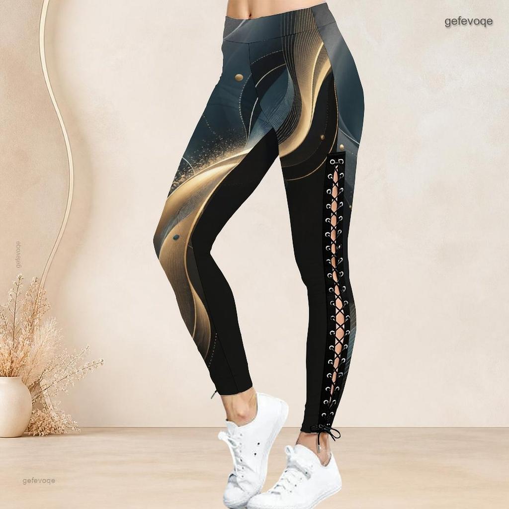 Women Plus Size High Waist Abstract Printed Leggings Side Eyelet Lace Up Full Length Fitted Pants