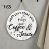 Coffee Station Decorations for Home Wooden Bar Signs, Rustic Themed Hanging Sign, Cup Handcrafted Wood Sign Shape & Round Plaque Farmhouse Kitchen