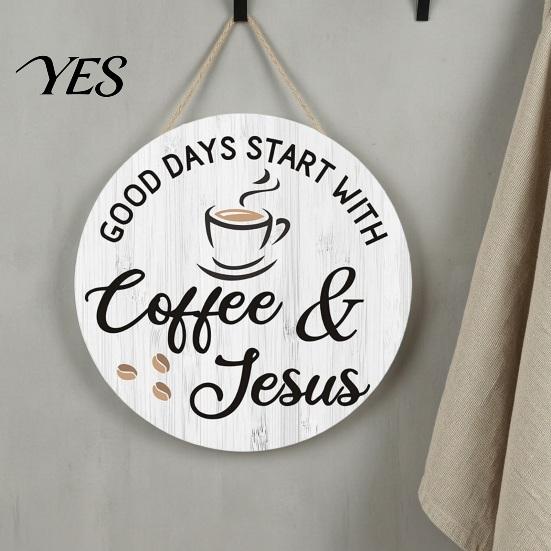 Coffee Station Decorations for Home Wooden Bar Signs, Rustic Themed Hanging Sign, Cup Handcrafted Wood Sign Shape & Round Plaque Farmhouse Kitchen