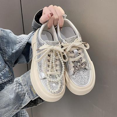 Модная обувь на толстой подошве, женская, новые модели весна-осень 2025 года, универсальная популярная обувь со стразами серебристого цвета, спортивная и для отдыха, тренд