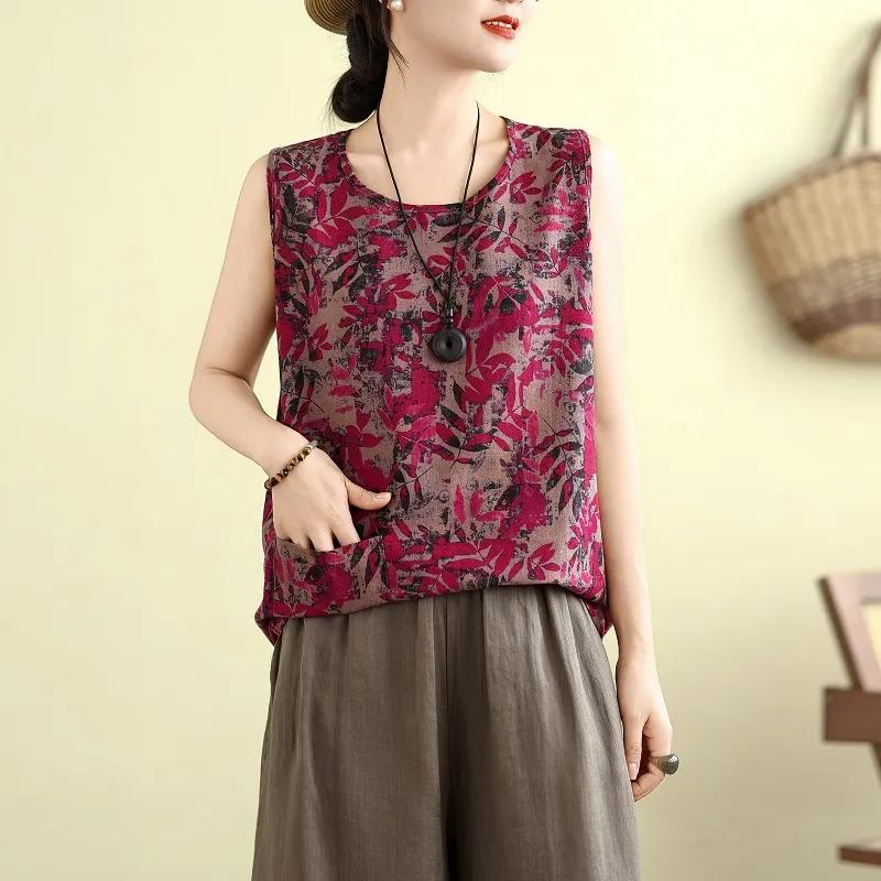 Литературный Ретро Цветная Майка Летняя Новая Повседневная Свободная Универсальная Хлопок и Лен Мамин Топ Без Рукавов