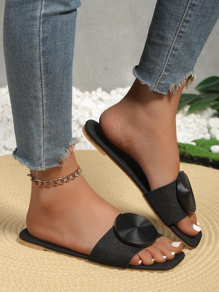 Мода 2024 года, новые женские летние сандалии на плоской подошве, большие размеры, круглая пряжка, однотонные туфли на плоской подошве, женские повседневные тапочки, женская модная пляжная обувь