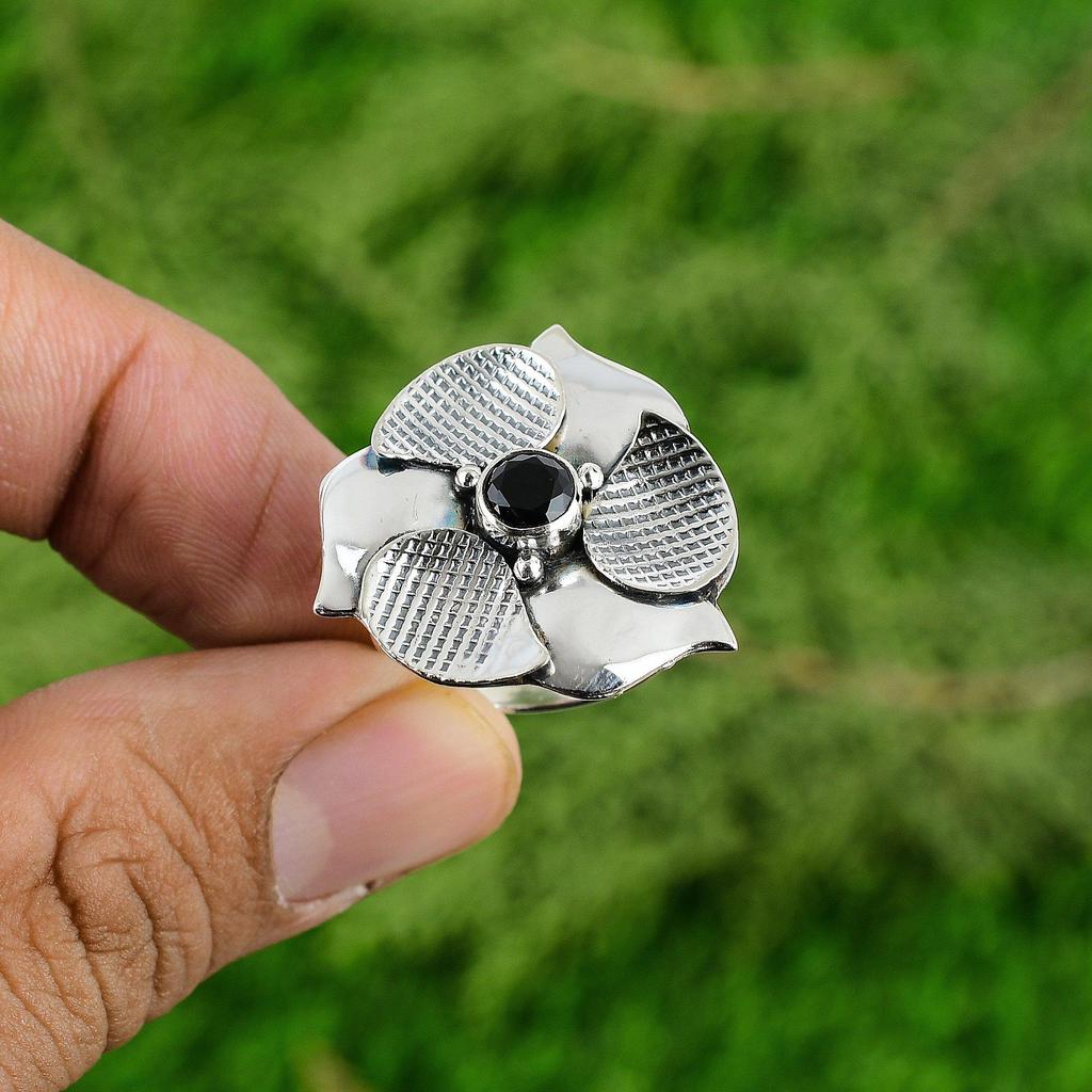 Gift For Her 925 Silver Natural Black Onyx Promise Flower Adjustable Ring