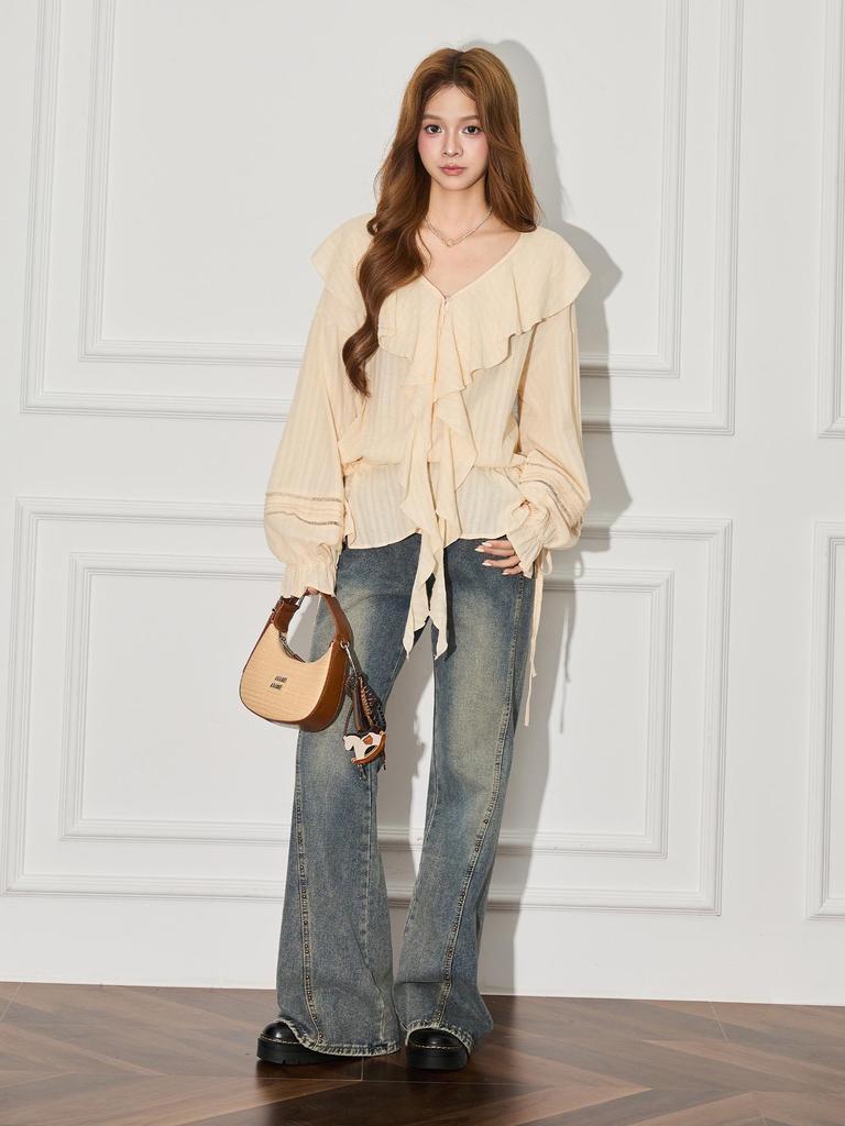 Women's French Apricot Ruffle V-Neck Lantern Sleeve Top