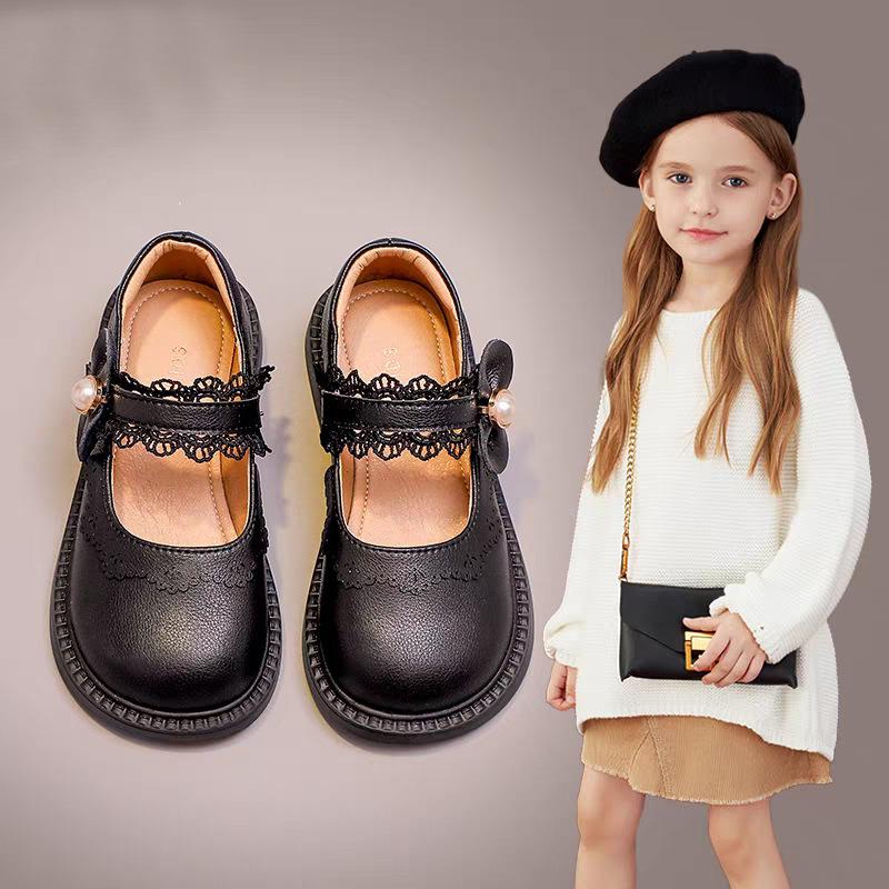 Girls' leather shoes, new spring/autumn styles, soft-soled flats for children, princess shoes for girls, medium and large sizes, black performance