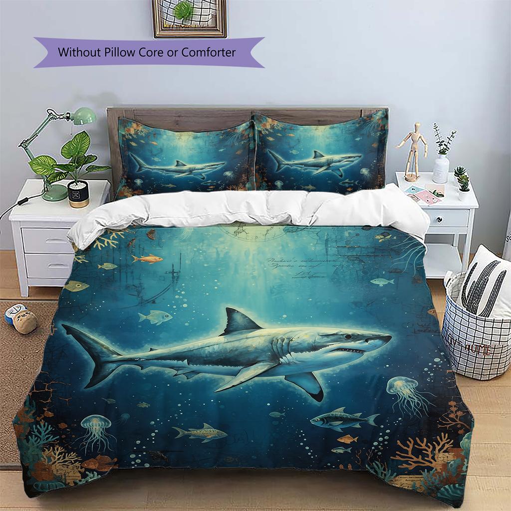Sea Fish Ink Painting Pattern Bedding Home Decoration Birthday Gift (1 * duvet cover + 2 * pillowcase, without core)