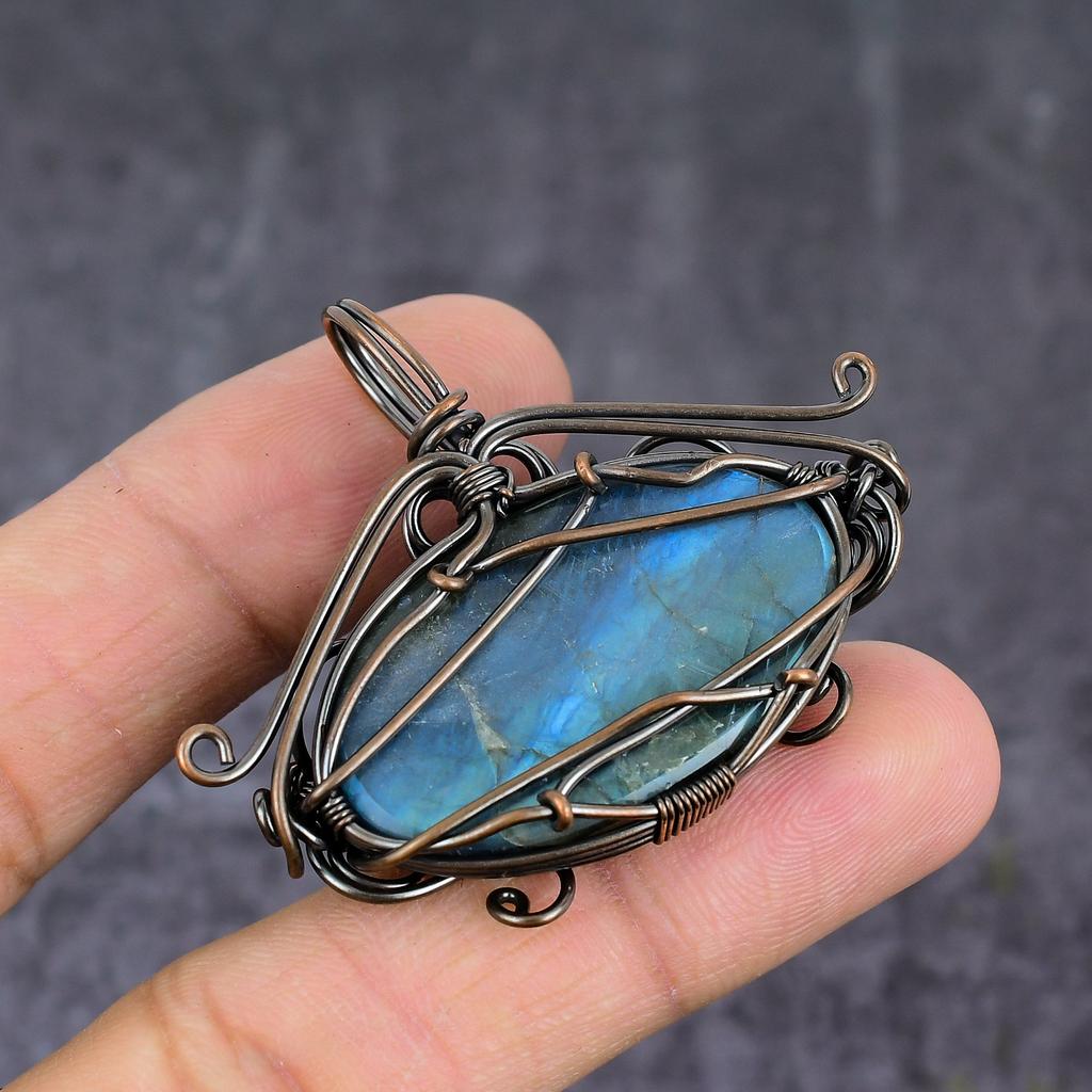 Labradorite Handmade Copper Wire Wrap Jewelry Pendant 1.77" H6k12