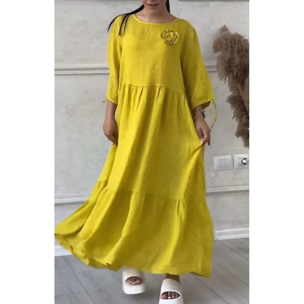 Женское однотонное повседневное длинное платье с круглым вырезом и длинными рукавами на шнуровке на шнуровке больших размеров