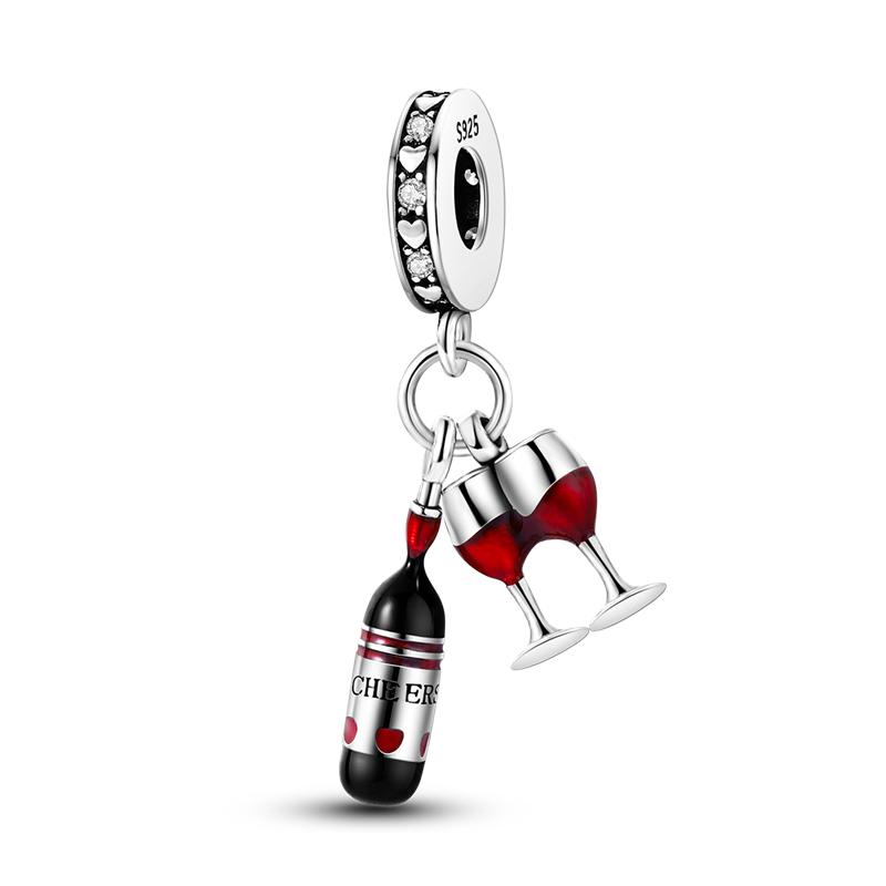 925 Silver Red Color Charms Bead Lipstick High Heels Heart Strawberry Dangle Fit Bangle Bracelet DIY Jewelry