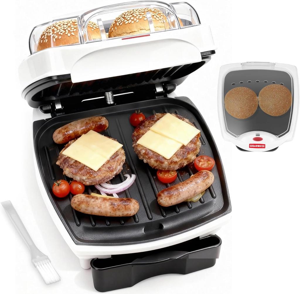 1 Hamburger Grill Maker, Electric Indoor Grill and Press with Non-stick Grill Plates,