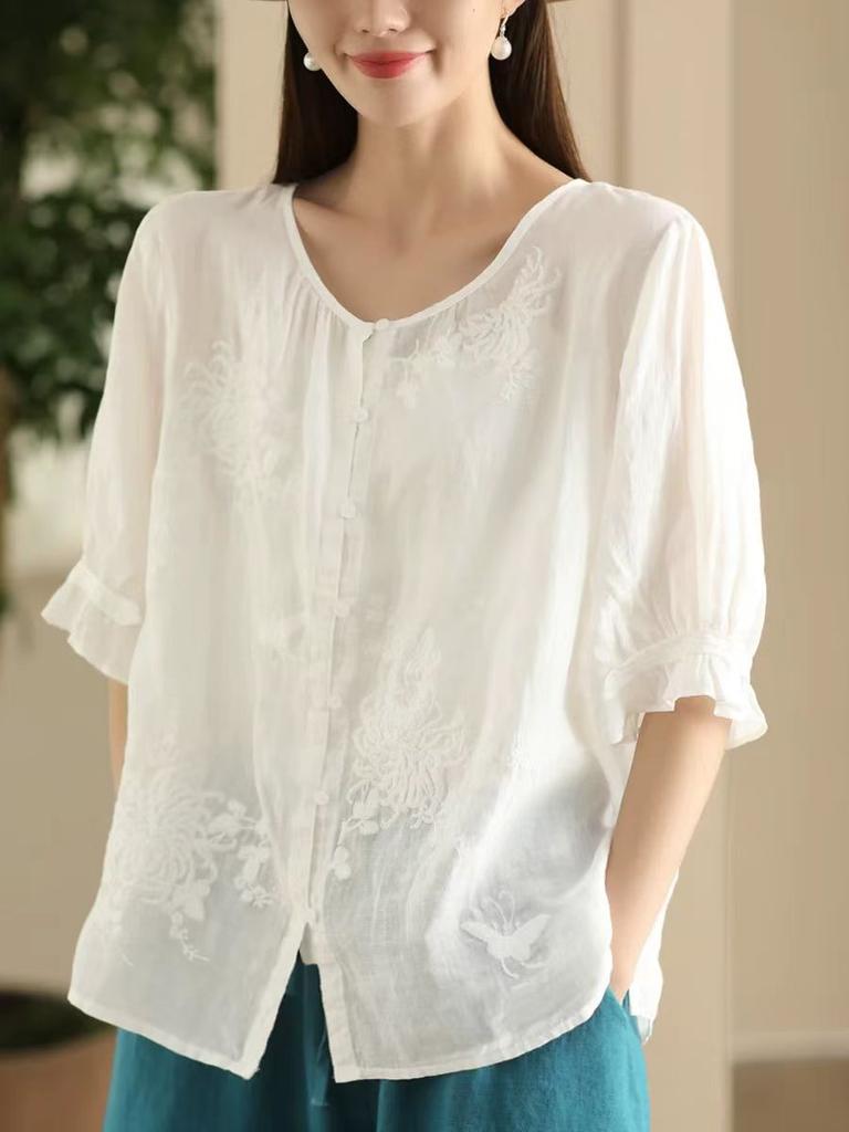 Johnature Women Chinese Style Embroidery Floral Shirts O-Neck Half Sleeve Tops Summer Loose Solid Color Shirts