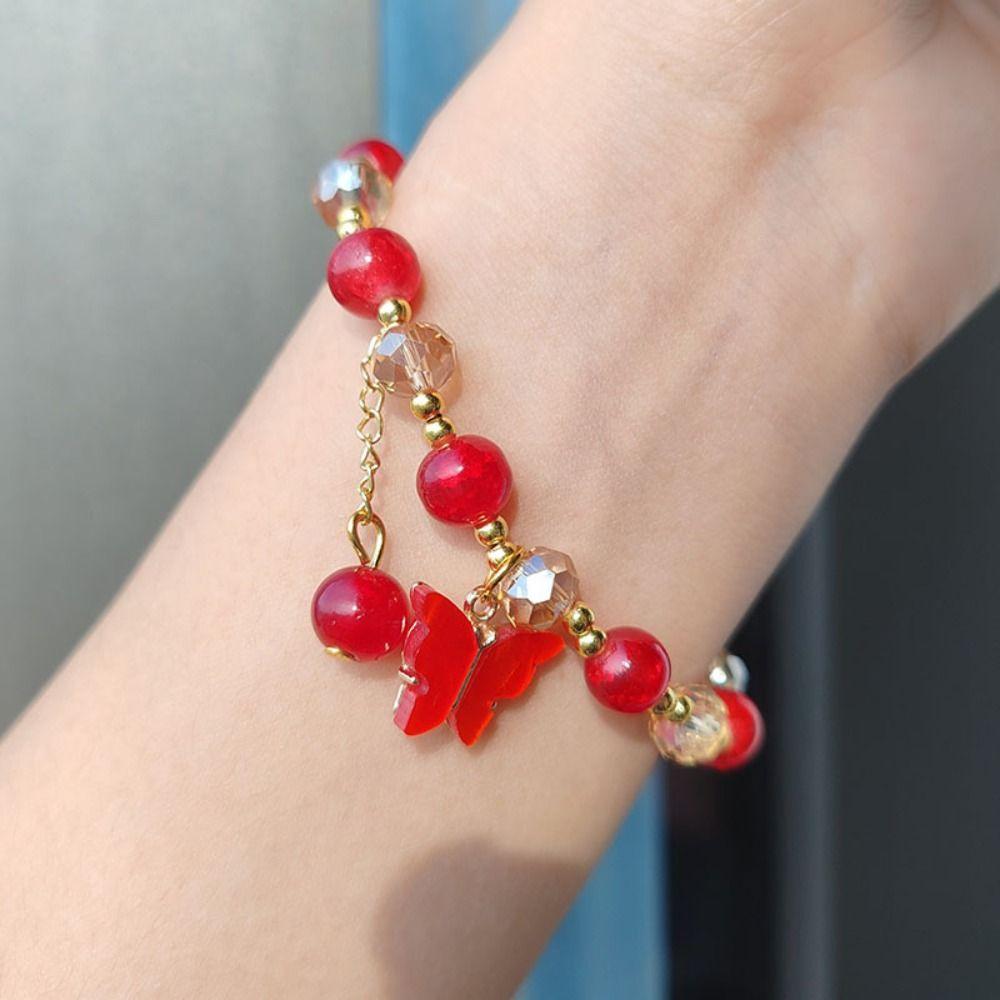 With Butterfly Pendant Glass Beads Bracelet Sweet Women Bangle Korean Style Bracelet  Girls
