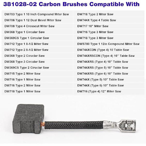 381028-02 Carbon Brush Compatible with Dewalt DWS780, DW718, DW708, DW717, DW716, DW706 Miter Saws Table Saws Circular Saw