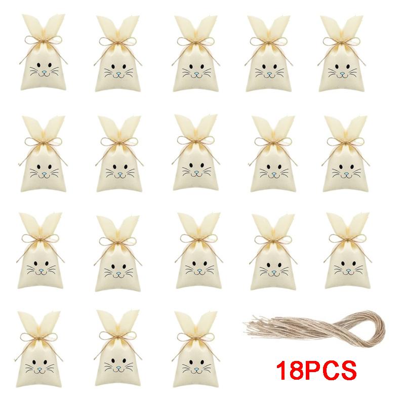 18PCS Easter Bunny Candy Gift Bags | Reusable Burlap Rabbit Bags with Twine, Perfect for Easter, Birthday