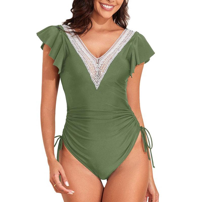 One Piece Bathing Suit For Women Deep V Neck Ruffles One Piece Bikini Backless Swimming Suit