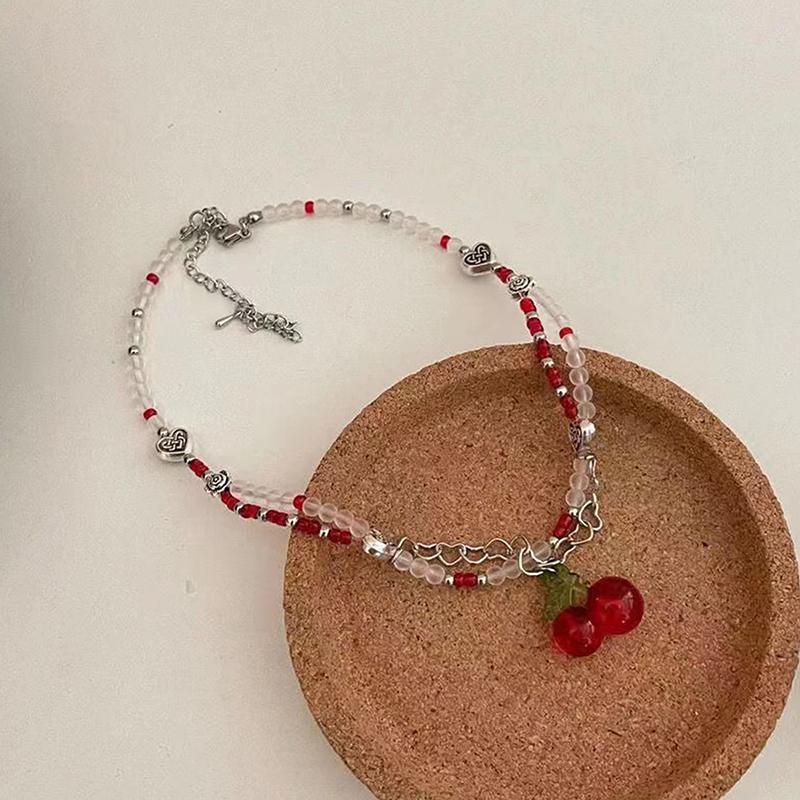 Y2K Red Cherry Heart Beaded Choker Necklace Women Boho Beads Cherry Pendant Necklaces Vintage Irregular Necklace Jewelry