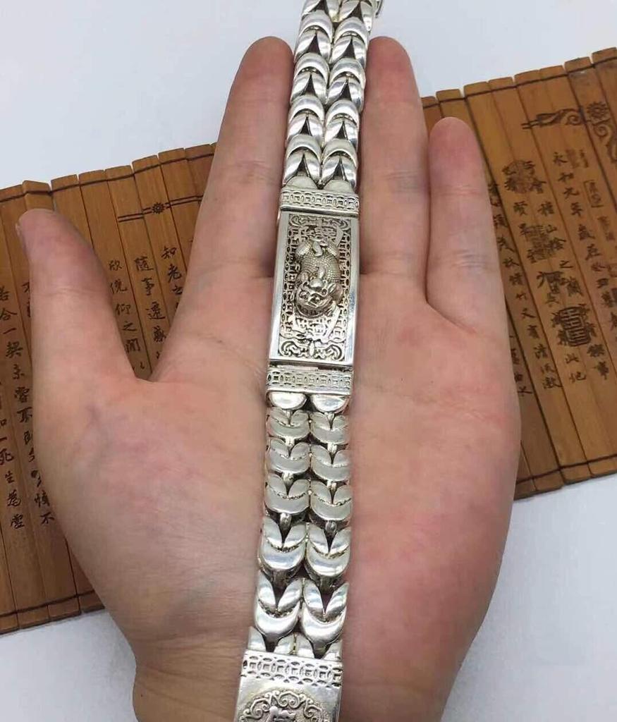 Азиатский китайский старый мяо серебряный ручной литой браслет-статуя драгоценный камень крутой подарок