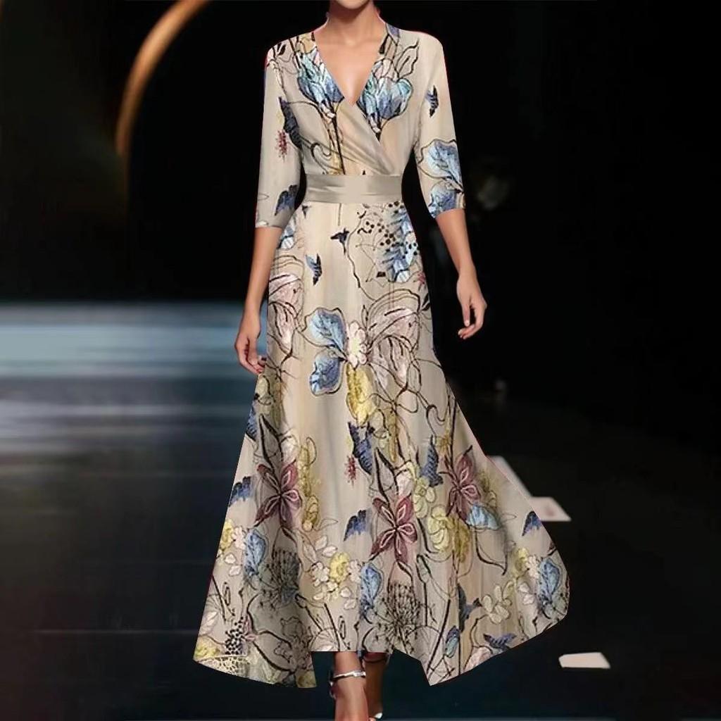 Summer Polyester 3d Effect Print Vneck Midi Dress For Office Chic Women