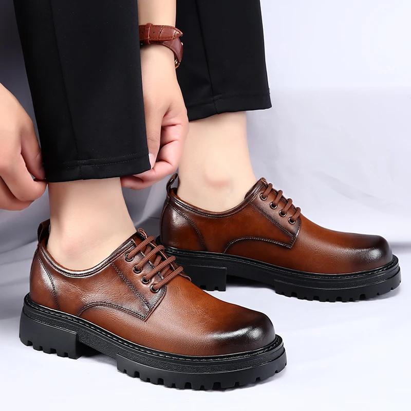 Туфли мужские из натуральной кожи на шнуровке, оксфорды на толстой платформе, деловая обувь, официальная обувь с круглым носком, винтажная обувь