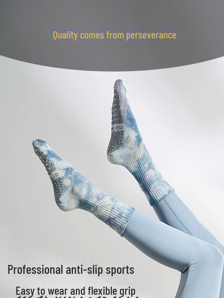 Носки для йоги до середины голени с принтом тай-дай в горошек, нескользящие - Женские влагоотводящие фитнес-носки на весну/лето