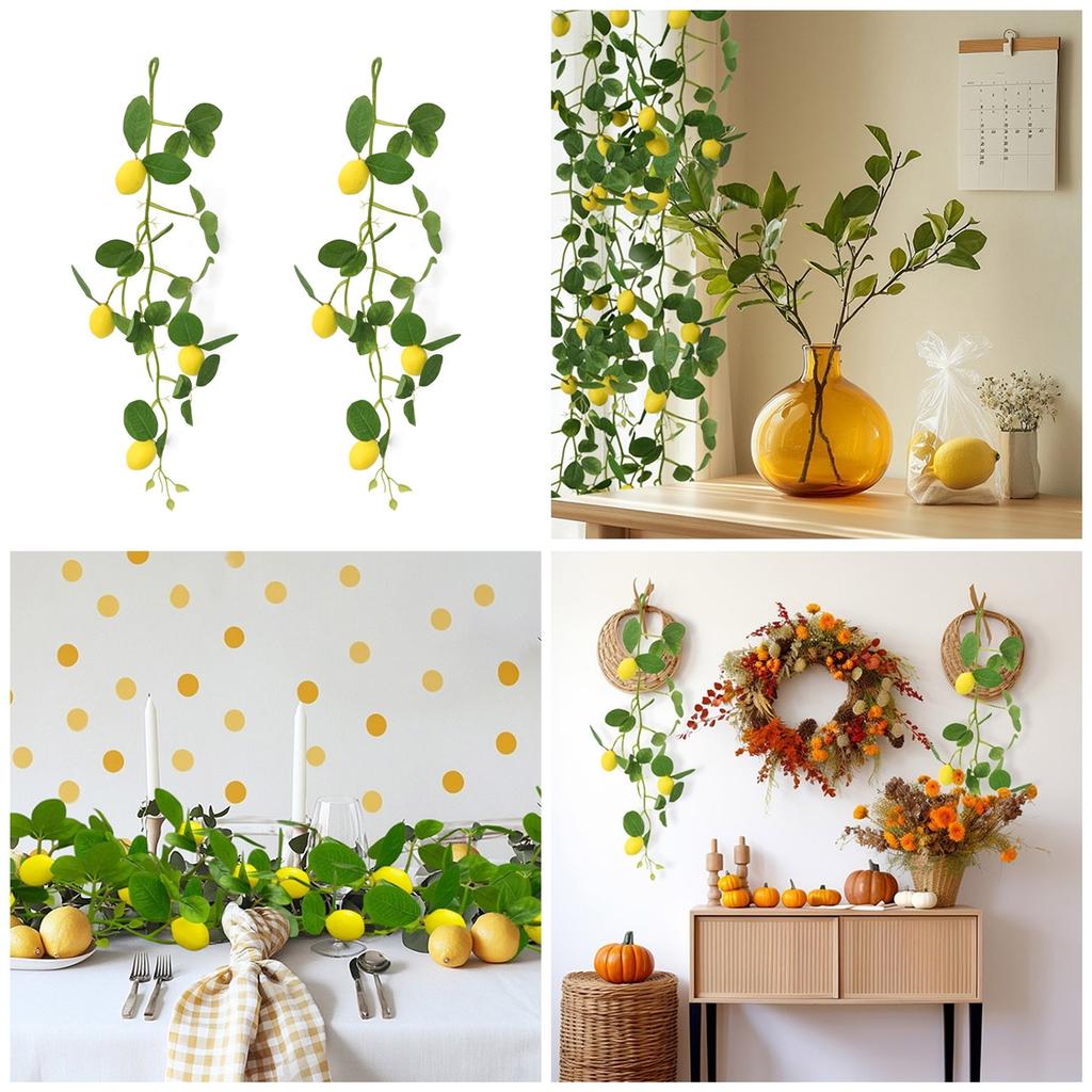 Set of 2 Lifelike Lemon Tree Branches with Green Leaves Yellow Faux Fruit Charm for Wedding and Office Decoration