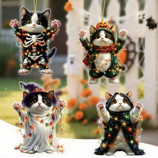 Car Halloween Rearview Mirror Hanging Pendant Cartoon Skull Cat Auto Interior Accessory 2D Flat Acrylic Hanging Charm for Car Backpack