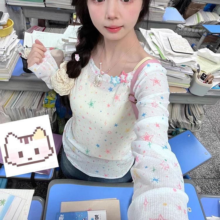 Star Design Sun Protection Cover-Up Printed Long-Sleeve T-Shirt Slim-Fit One-Shoulder Summer Figure-Flattering Spicy Girl Sunscreen Top