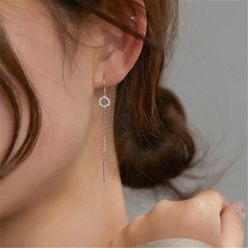 925 Sterling Silver Crystal Round Long Chain Stud Earring For Women Girls Wedding Jewelry Pendientes Accessories Eh1426